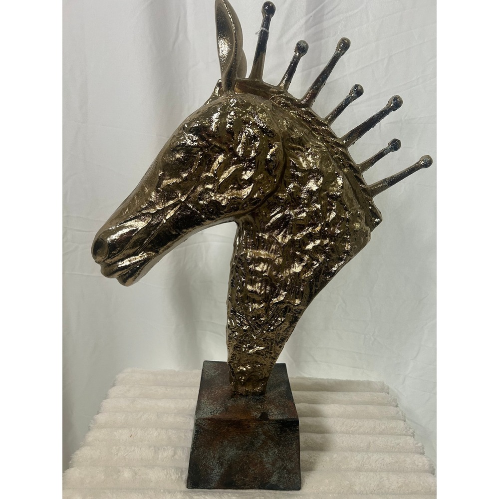 Horse Head Bust Sculpture Bronze Spiked Mane Textured Handcrafted in India#826
